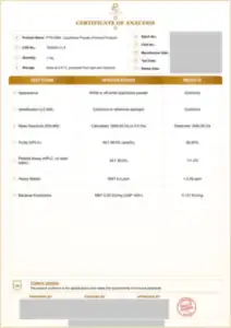 PTD-DBM 1 mg batch COA: first page, low-resolution preview