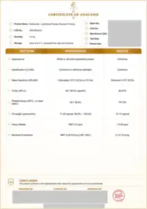 Retatrutide 10 mg batch COA: first page, low-resolution preview