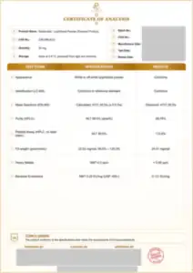 Retatrutide 20 mg batch COA: first page, low-resolution preview