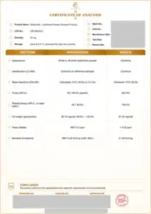 Retatrutide 50 mg batch COA: first page, low-resolution preview