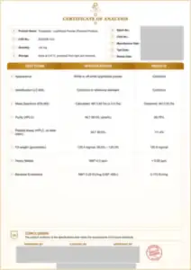 Tirzepatide 120 mg batch COA: first page, low-resolution preview