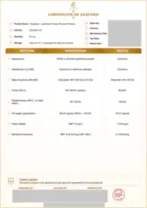 Tirzepatide 60 mg batch COA: first page, low-resolution preview