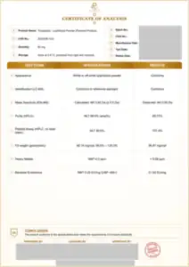 Tirzepatide 80 mg batch COA: first page, low-resolution preview
