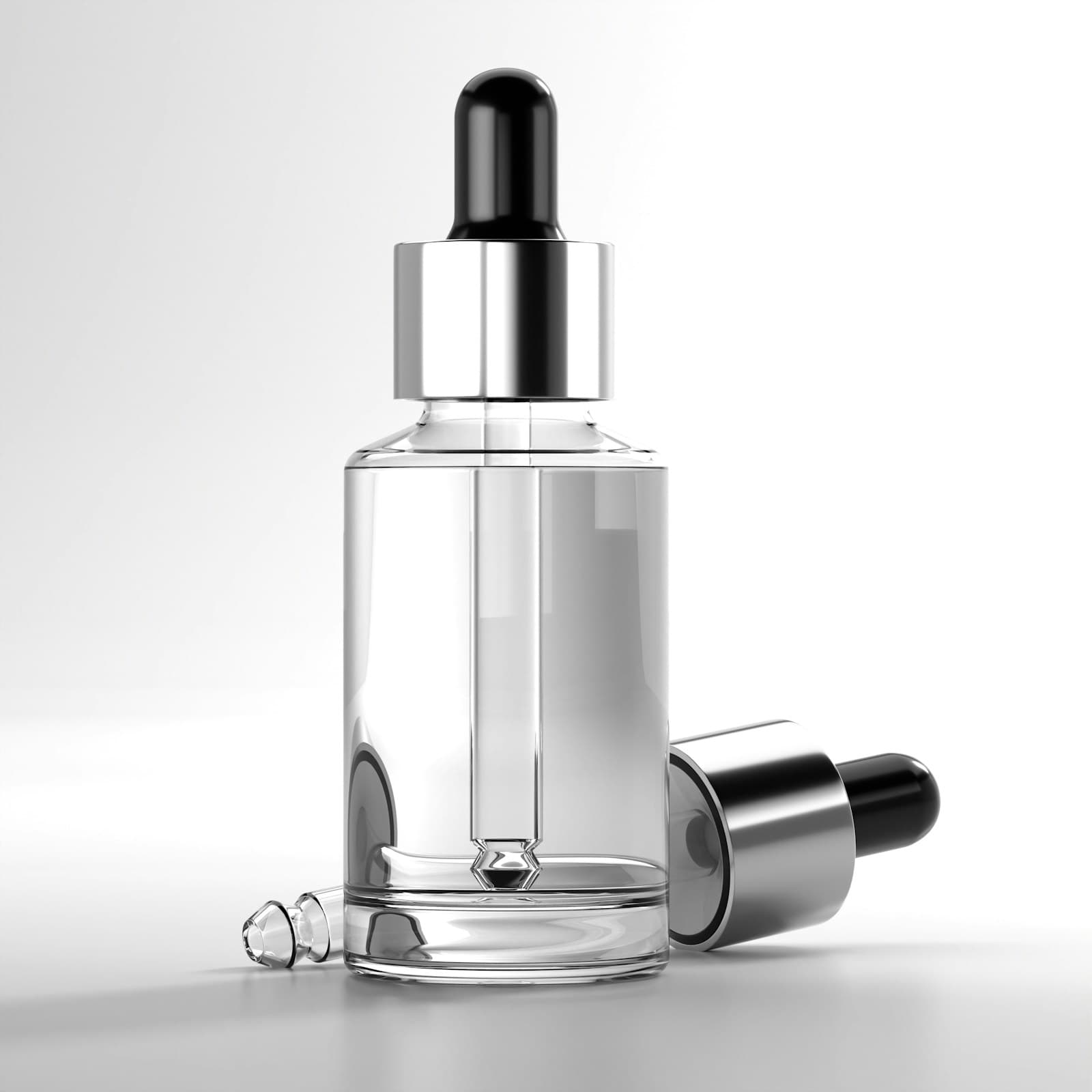 Clean glass dropper bottle on a neutral white surface — representative of how Pepoderma ships GHK-Cu (Copper Tripeptide-1) as a sample-sized formulation ingredient.