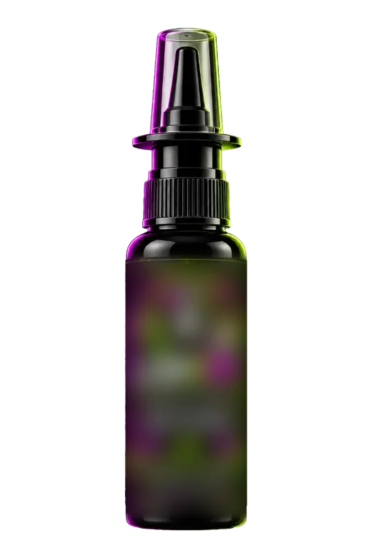 Black 10 mL nasal spray bottle with a clear dust cap